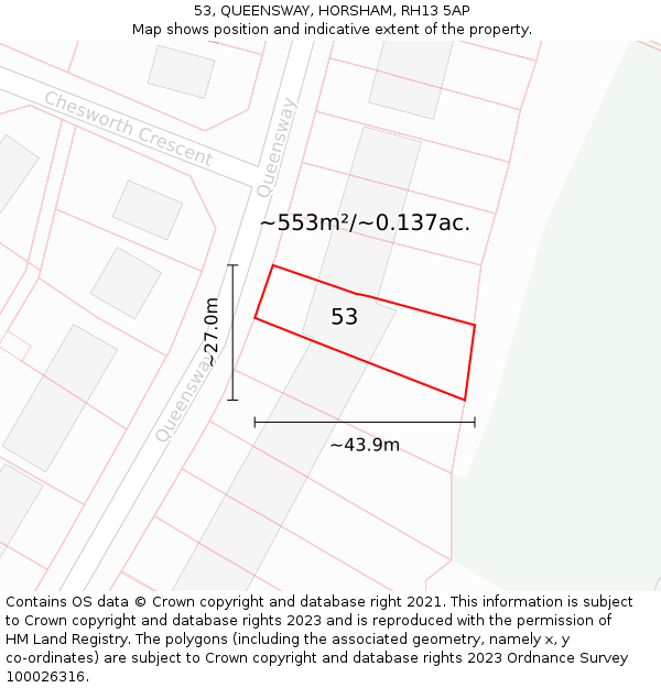 53, QUEENSWAY, HORSHAM, RH13 5AP: Plot and title map