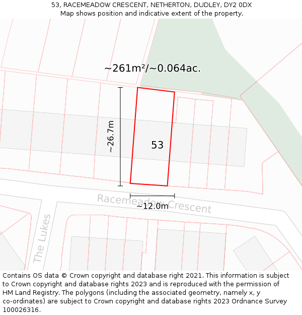 53, RACEMEADOW CRESCENT, NETHERTON, DUDLEY, DY2 0DX: Plot and title map