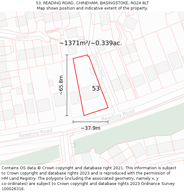 53, READING ROAD, CHINEHAM, BASINGSTOKE, RG24 8LT: Plot and title map