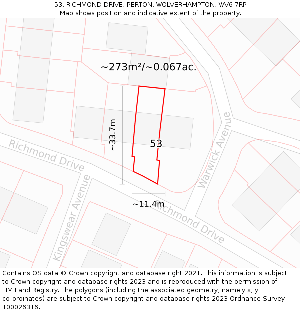 53, RICHMOND DRIVE, PERTON, WOLVERHAMPTON, WV6 7RP: Plot and title map