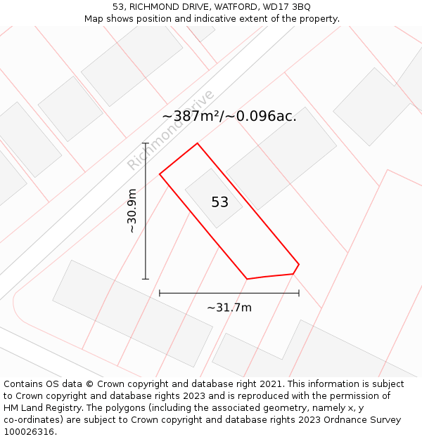 53, RICHMOND DRIVE, WATFORD, WD17 3BQ: Plot and title map