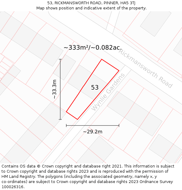 53, RICKMANSWORTH ROAD, PINNER, HA5 3TJ: Plot and title map