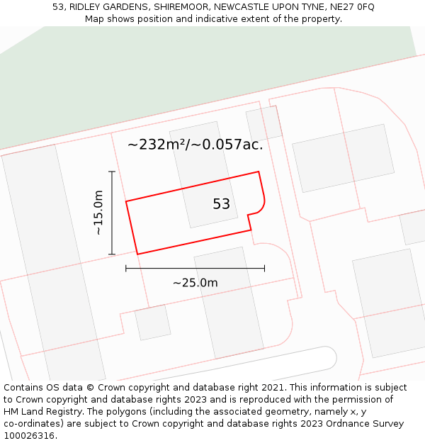 53, RIDLEY GARDENS, SHIREMOOR, NEWCASTLE UPON TYNE, NE27 0FQ: Plot and title map