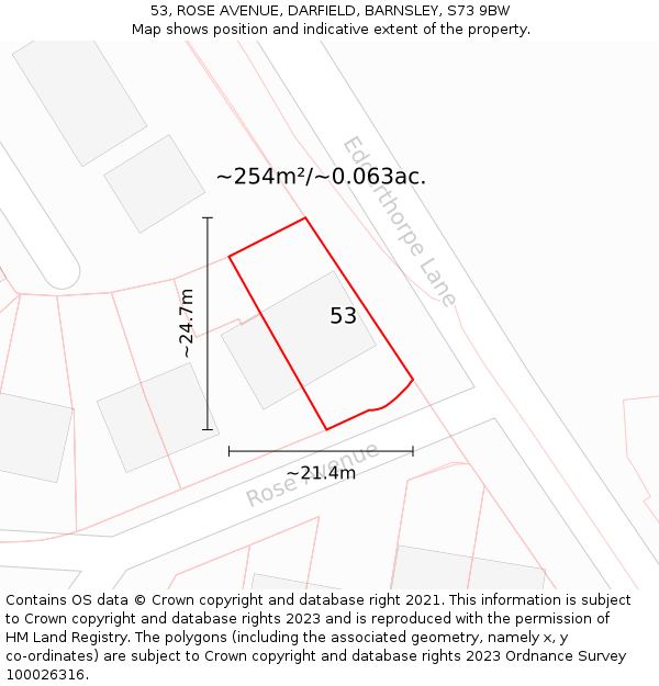 53, ROSE AVENUE, DARFIELD, BARNSLEY, S73 9BW: Plot and title map