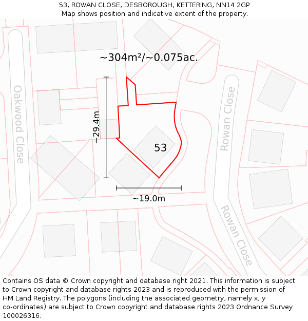 53, ROWAN CLOSE, DESBOROUGH, KETTERING, NN14 2GP: Plot and title map