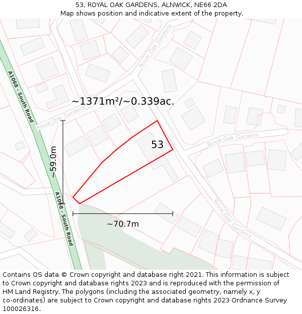 53, ROYAL OAK GARDENS, ALNWICK, NE66 2DA: Plot and title map