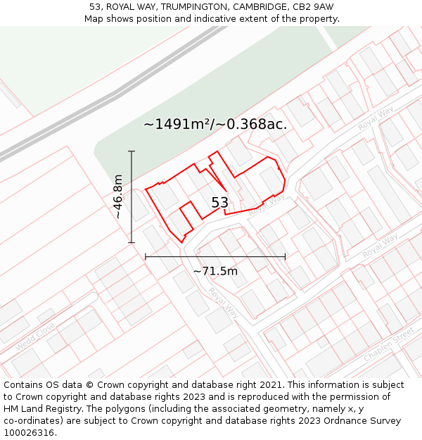 53, ROYAL WAY, TRUMPINGTON, CAMBRIDGE, CB2 9AW: Plot and title map