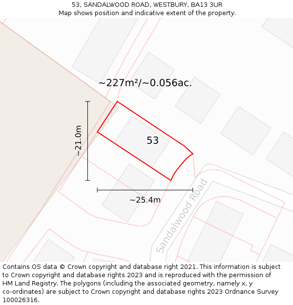 53, SANDALWOOD ROAD, WESTBURY, BA13 3UR: Plot and title map