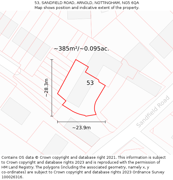 53, SANDFIELD ROAD, ARNOLD, NOTTINGHAM, NG5 6QA: Plot and title map