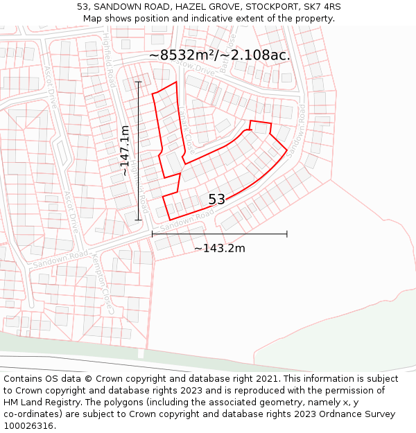 53, SANDOWN ROAD, HAZEL GROVE, STOCKPORT, SK7 4RS: Plot and title map