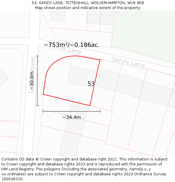 53, SANDY LANE, TETTENHALL, WOLVERHAMPTON, WV6 9EB: Plot and title map