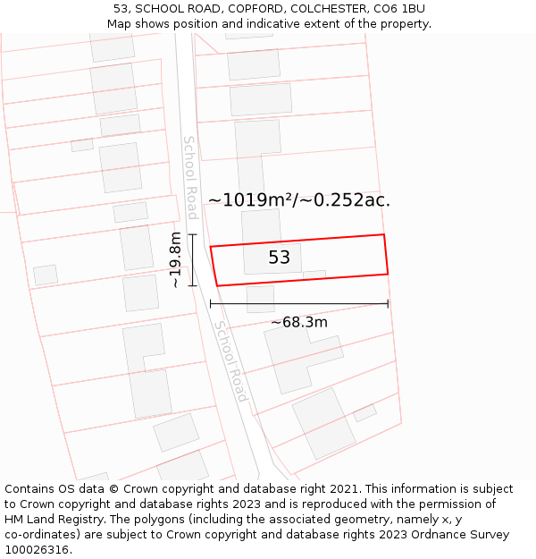 53, SCHOOL ROAD, COPFORD, COLCHESTER, CO6 1BU: Plot and title map