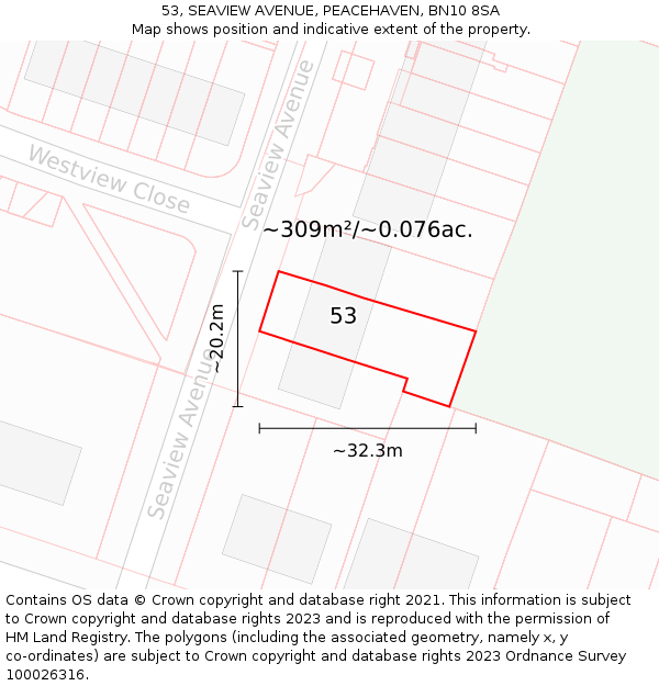 53, SEAVIEW AVENUE, PEACEHAVEN, BN10 8SA: Plot and title map