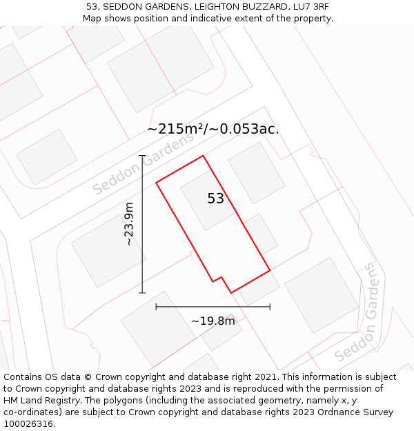 53, SEDDON GARDENS, LEIGHTON BUZZARD, LU7 3RF: Plot and title map