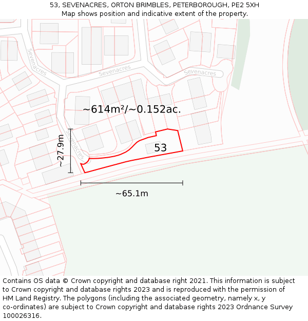 53, SEVENACRES, ORTON BRIMBLES, PETERBOROUGH, PE2 5XH: Plot and title map