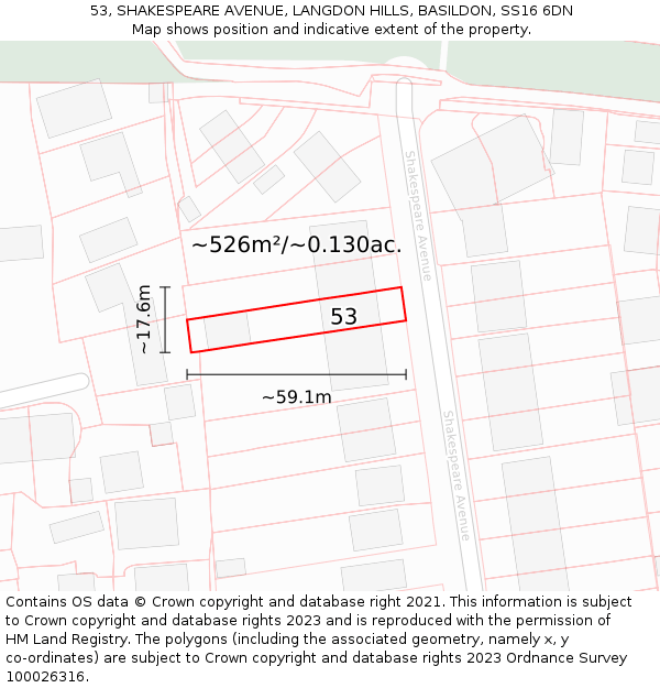 53, SHAKESPEARE AVENUE, LANGDON HILLS, BASILDON, SS16 6DN: Plot and title map