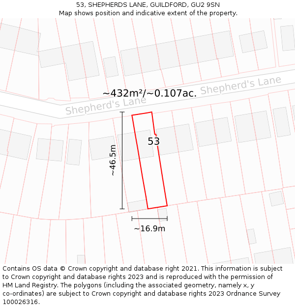 53, SHEPHERDS LANE, GUILDFORD, GU2 9SN: Plot and title map