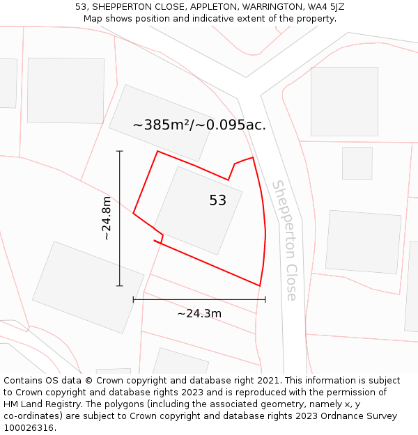 53, SHEPPERTON CLOSE, APPLETON, WARRINGTON, WA4 5JZ: Plot and title map