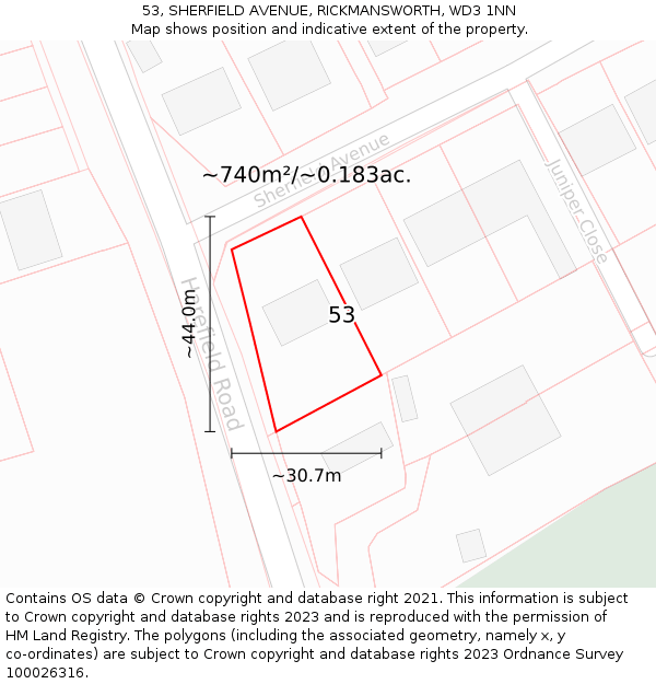 53, SHERFIELD AVENUE, RICKMANSWORTH, WD3 1NN: Plot and title map