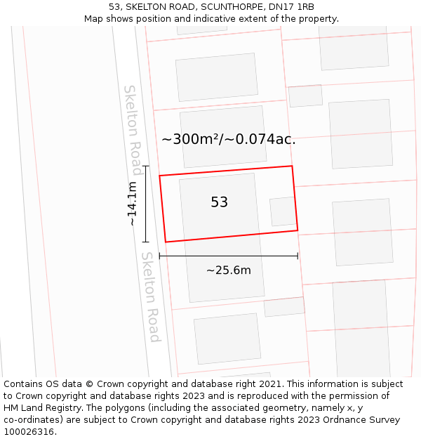 53, SKELTON ROAD, SCUNTHORPE, DN17 1RB: Plot and title map