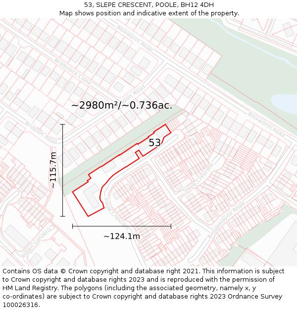 53, SLEPE CRESCENT, POOLE, BH12 4DH: Plot and title map