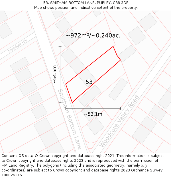 53, SMITHAM BOTTOM LANE, PURLEY, CR8 3DF: Plot and title map