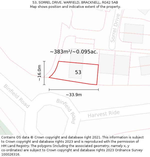 53, SORREL DRIVE, WARFIELD, BRACKNELL, RG42 5AB: Plot and title map