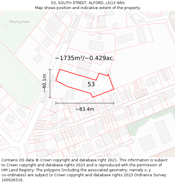 53, SOUTH STREET, ALFORD, LN13 9AN: Plot and title map