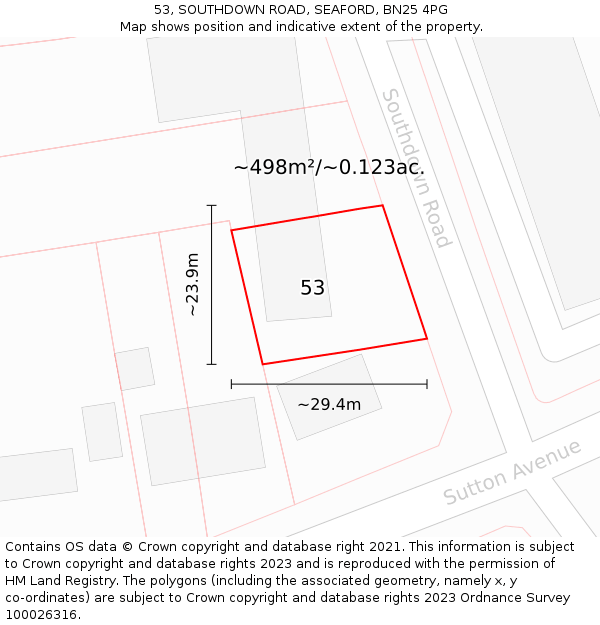 53, SOUTHDOWN ROAD, SEAFORD, BN25 4PG: Plot and title map