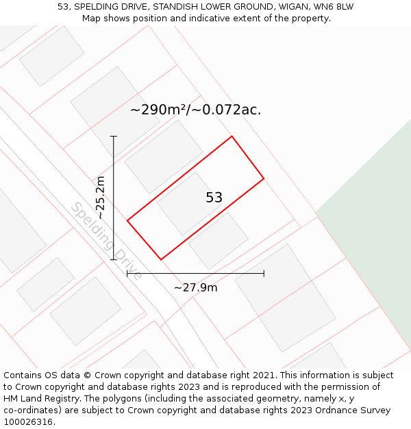 53, SPELDING DRIVE, STANDISH LOWER GROUND, WIGAN, WN6 8LW: Plot and title map