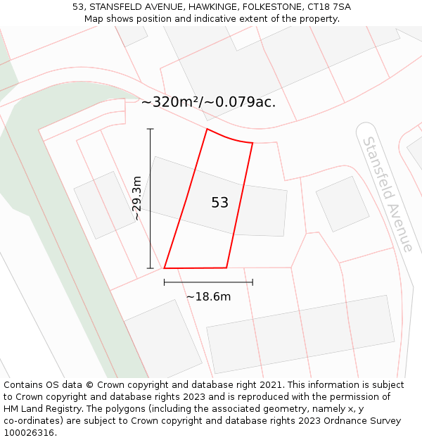 53, STANSFELD AVENUE, HAWKINGE, FOLKESTONE, CT18 7SA: Plot and title map