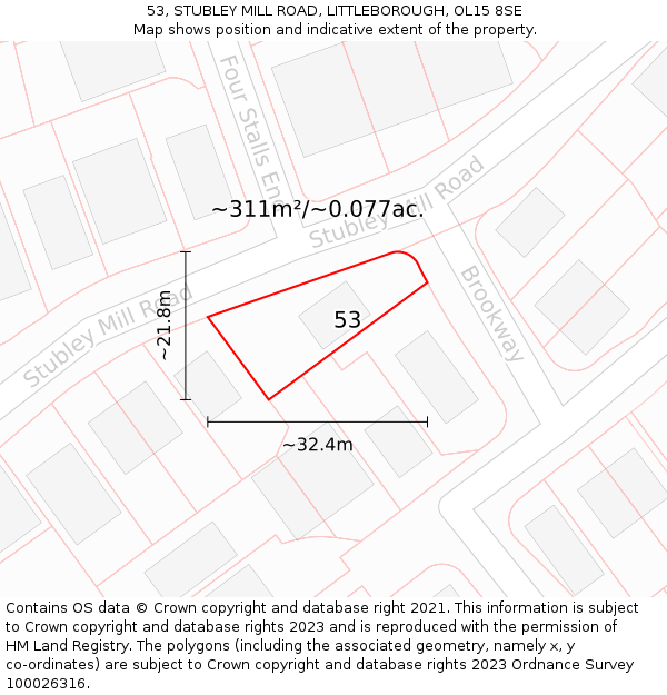 53, STUBLEY MILL ROAD, LITTLEBOROUGH, OL15 8SE: Plot and title map