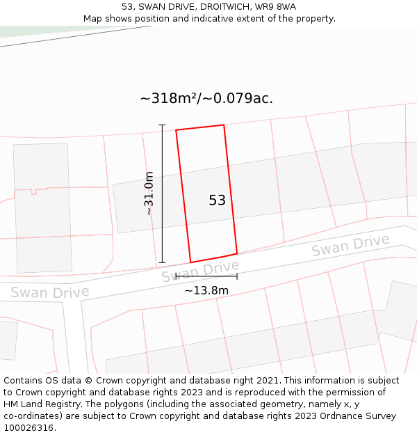 53, SWAN DRIVE, DROITWICH, WR9 8WA: Plot and title map