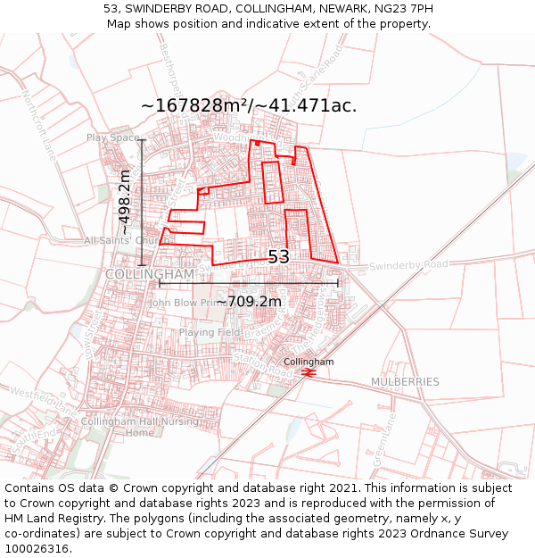 53, SWINDERBY ROAD, COLLINGHAM, NEWARK, NG23 7PH: Plot and title map