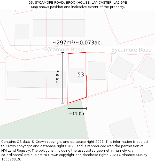 53, SYCAMORE ROAD, BROOKHOUSE, LANCASTER, LA2 9PE: Plot and title map