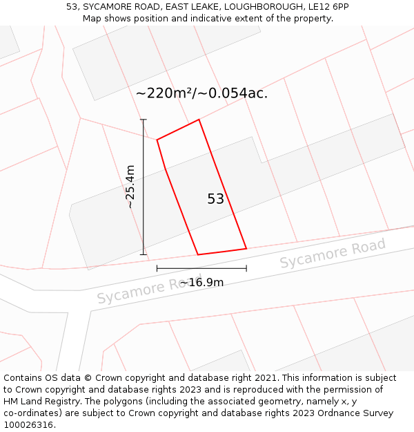 53, SYCAMORE ROAD, EAST LEAKE, LOUGHBOROUGH, LE12 6PP: Plot and title map