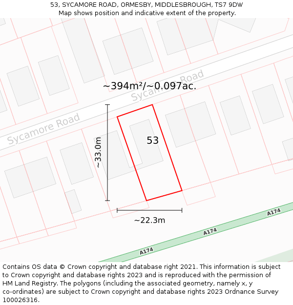 53, SYCAMORE ROAD, ORMESBY, MIDDLESBROUGH, TS7 9DW: Plot and title map
