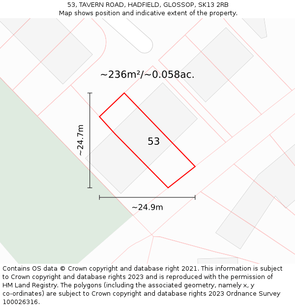 53, TAVERN ROAD, HADFIELD, GLOSSOP, SK13 2RB: Plot and title map