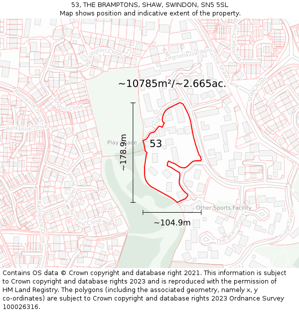 53, THE BRAMPTONS, SHAW, SWINDON, SN5 5SL: Plot and title map