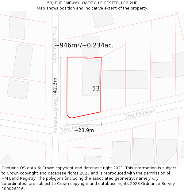 53, THE FAIRWAY, OADBY, LEICESTER, LE2 2HP: Plot and title map