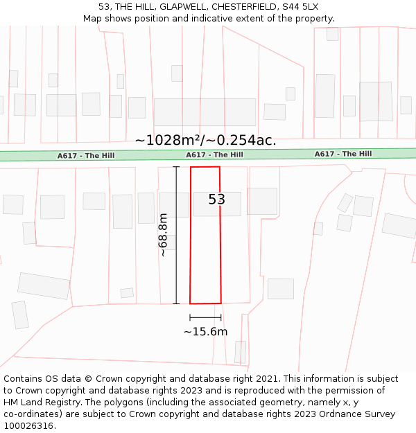 53, THE HILL, GLAPWELL, CHESTERFIELD, S44 5LX: Plot and title map