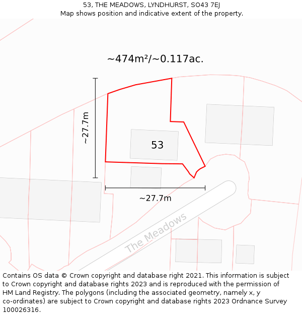 53, THE MEADOWS, LYNDHURST, SO43 7EJ: Plot and title map