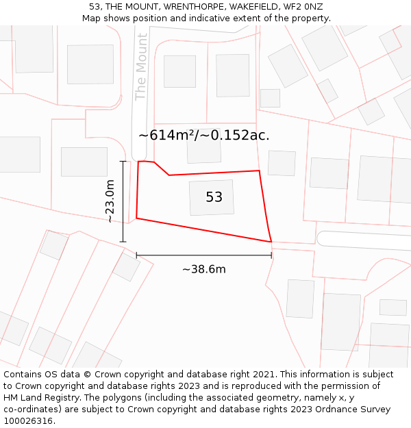 53, THE MOUNT, WRENTHORPE, WAKEFIELD, WF2 0NZ: Plot and title map