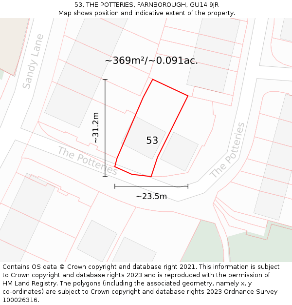 53, THE POTTERIES, FARNBOROUGH, GU14 9JR: Plot and title map