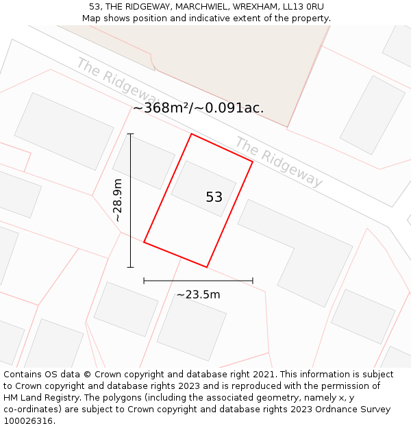 53, THE RIDGEWAY, MARCHWIEL, WREXHAM, LL13 0RU: Plot and title map