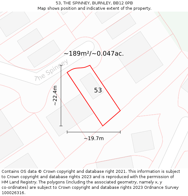 53, THE SPINNEY, BURNLEY, BB12 0PB: Plot and title map