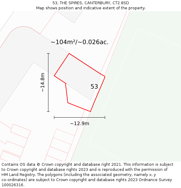 53, THE SPIRES, CANTERBURY, CT2 8SD: Plot and title map