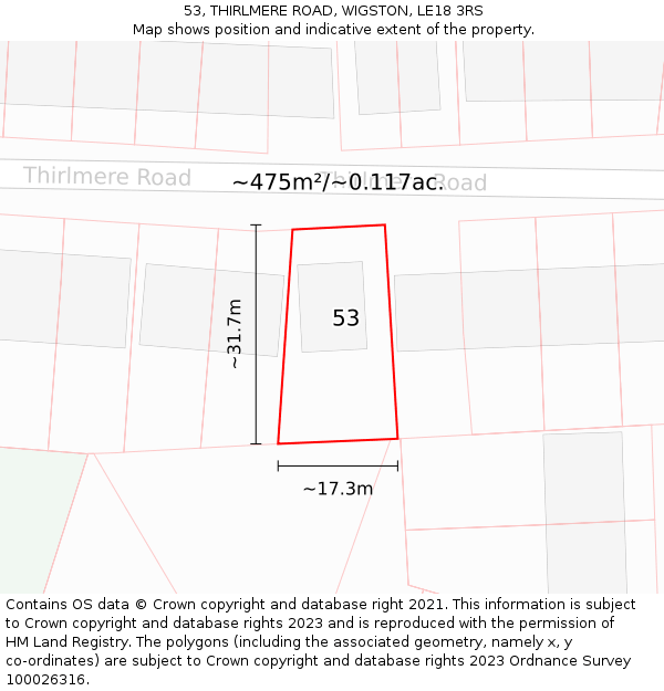 53, THIRLMERE ROAD, WIGSTON, LE18 3RS: Plot and title map