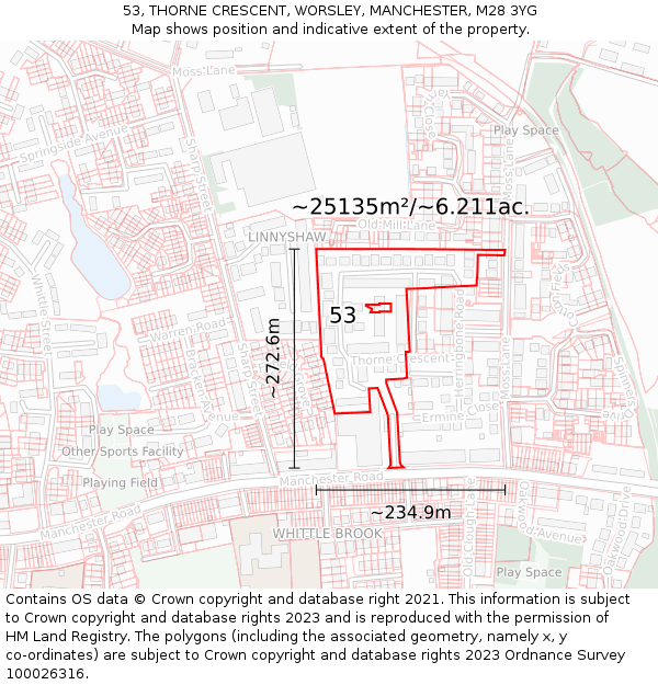 53, THORNE CRESCENT, WORSLEY, MANCHESTER, M28 3YG: Plot and title map