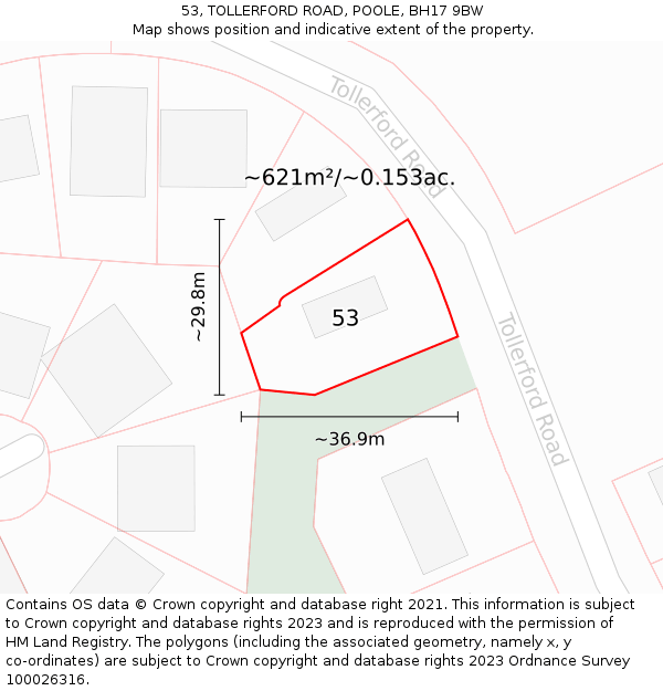 53, TOLLERFORD ROAD, POOLE, BH17 9BW: Plot and title map